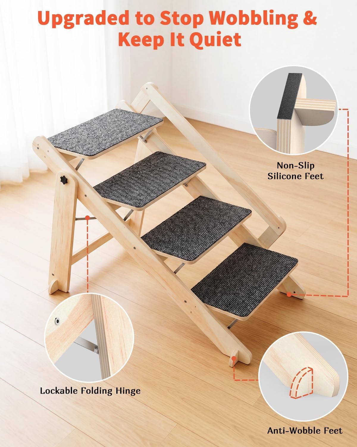 Woodure Foldable Dog Stairs, Convertible 4-Step Wooden Dog Ramp, Cat Step for High Bed Couch Car, Anti Slip Puppy Ladder