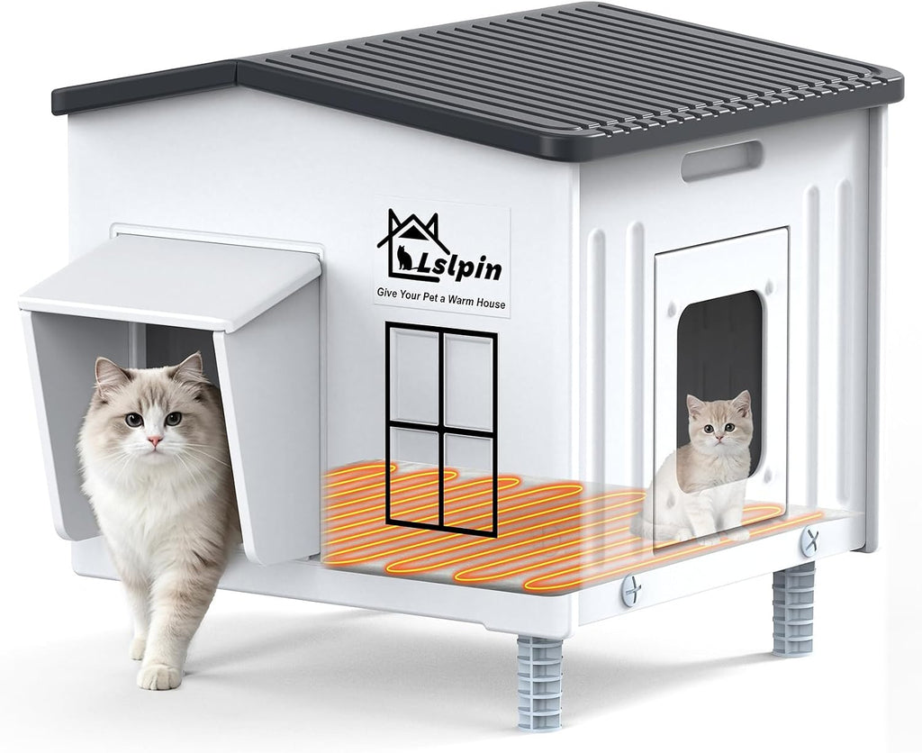Heated Cat House for Outside Cats in Winter, Indestructible Heated Outdoor Cat House Weatherproof with Elevated Feet & E