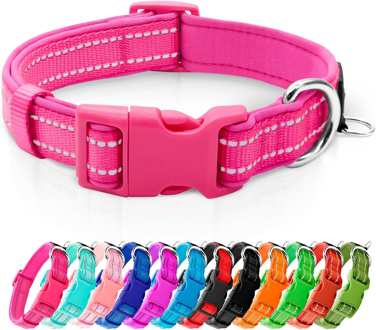 Reflective Dog Collar, Neoprene Padded Small Dog Collar, Hot Pink, S