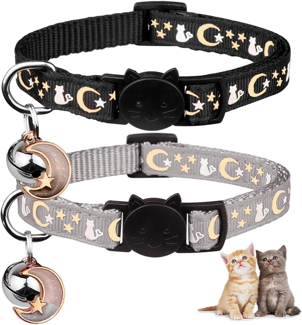 Baeuppit 2PCS Breakaway Cat Collars with Bell Cute Kitty Glow in The Dark Adjustable Kitten Collars(Grey&Black)