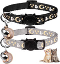 Baeuppit 2PCS Breakaway Cat Collars with Bell Cute Kitty Glow in The Dark Adjustable Kitten Collars(Grey&Black)