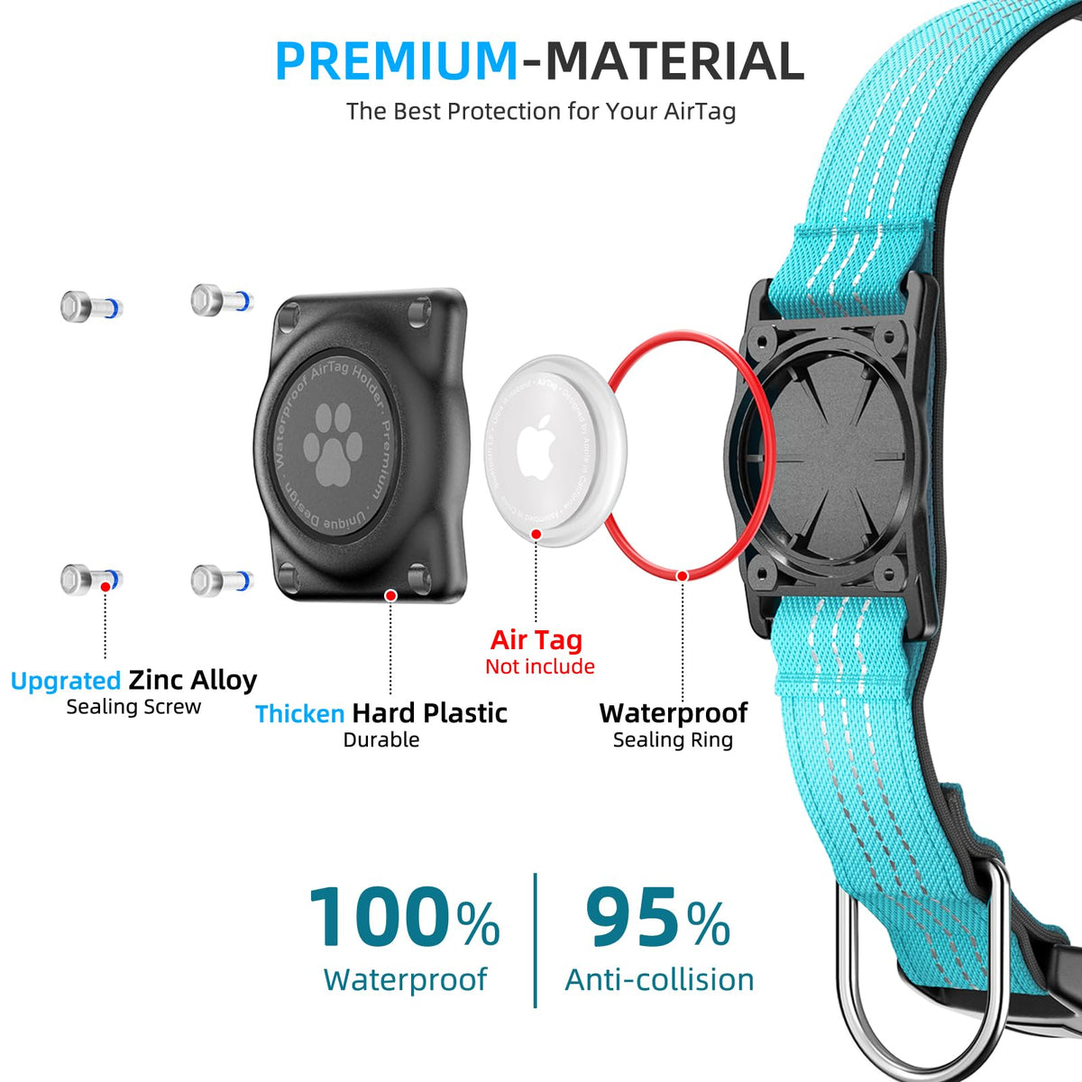 Upgrade Dog Collar with AirTag Holder, IP68 Waterproof, Blue, L
