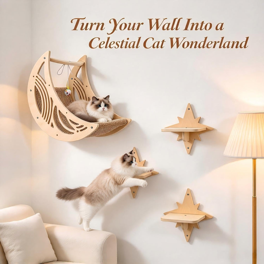 Moon & Star Cat Wall Shelves - Boho Wooden Indoor Cat Climbing Furniture
