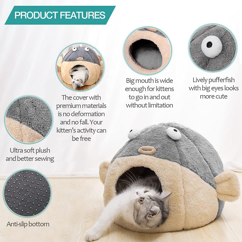 Cat Beds for Indoor Cats-Cat Bed Cave,Cute Lively Pufferfish shape,Grey L