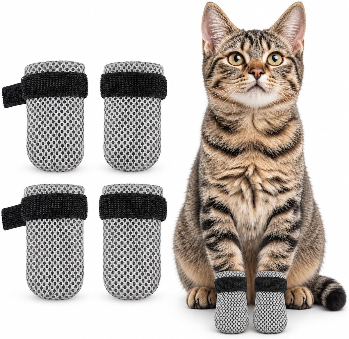 4 Pcs Cat Mittens To Prevent Scratching, Socks Shoes For Cats Gray