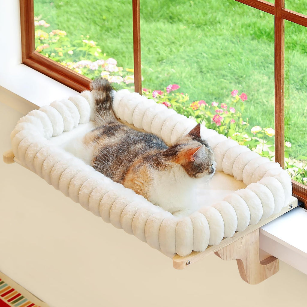 Zakkart SnugCloud Cat Perch for Windowsill (Natural Wood/Cream White, M)