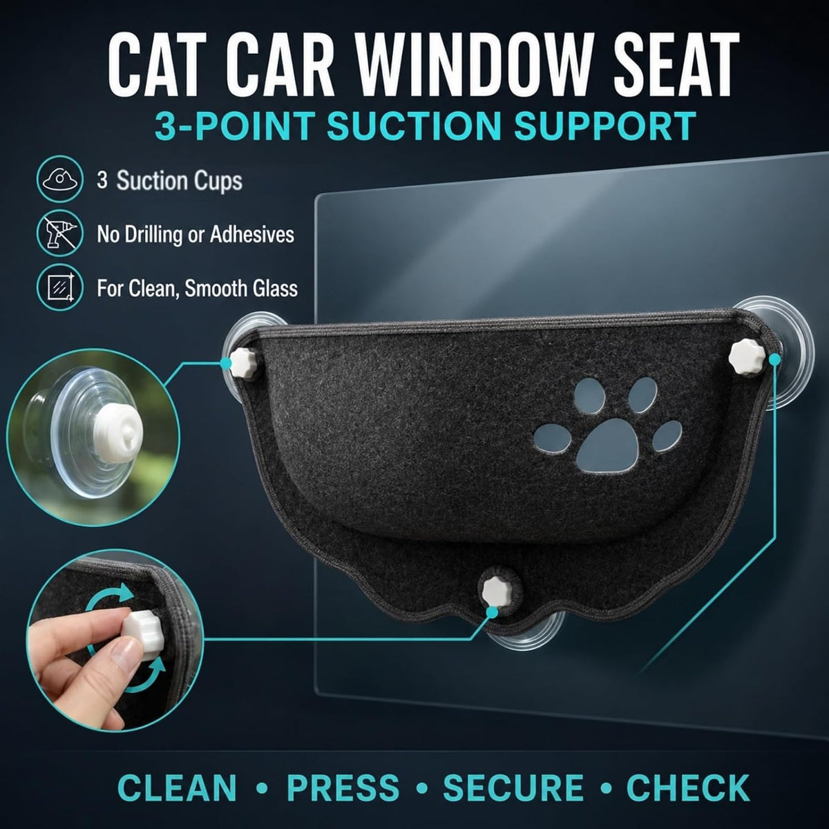 Cat Car Window Hammock with Soft Pad, Cat Car Window Seat，Gray：Small