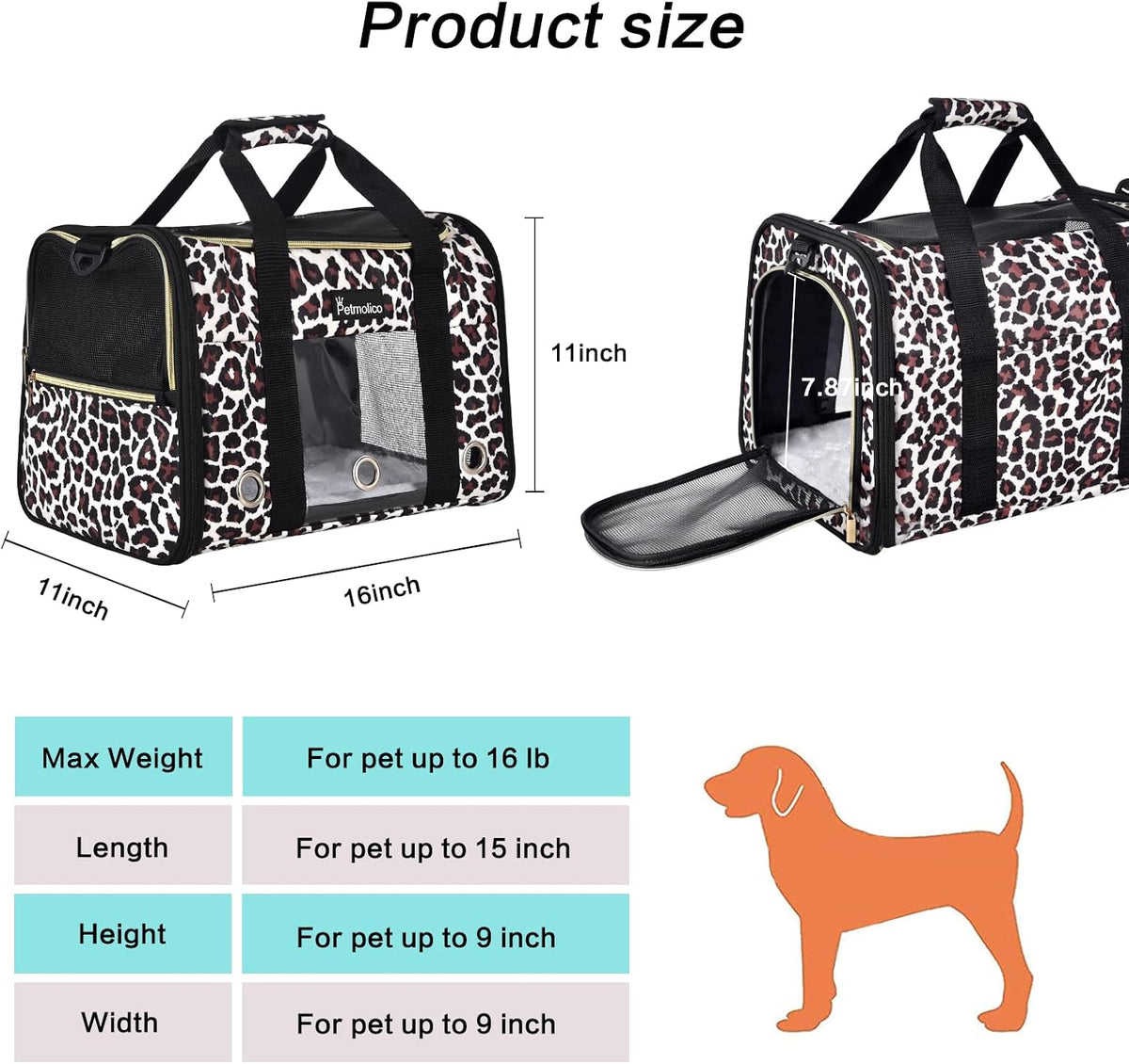 Petmolico Cat Carrier Soft-Sided Airline Approved, Medium, Medium, Leopard