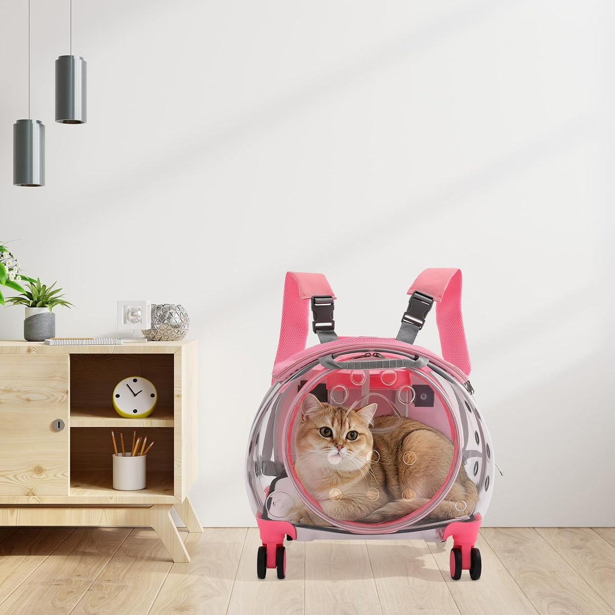 Pet Trolley Case with Shock-Absorbing Wheels, Pet Backpack Carrier(Pink)