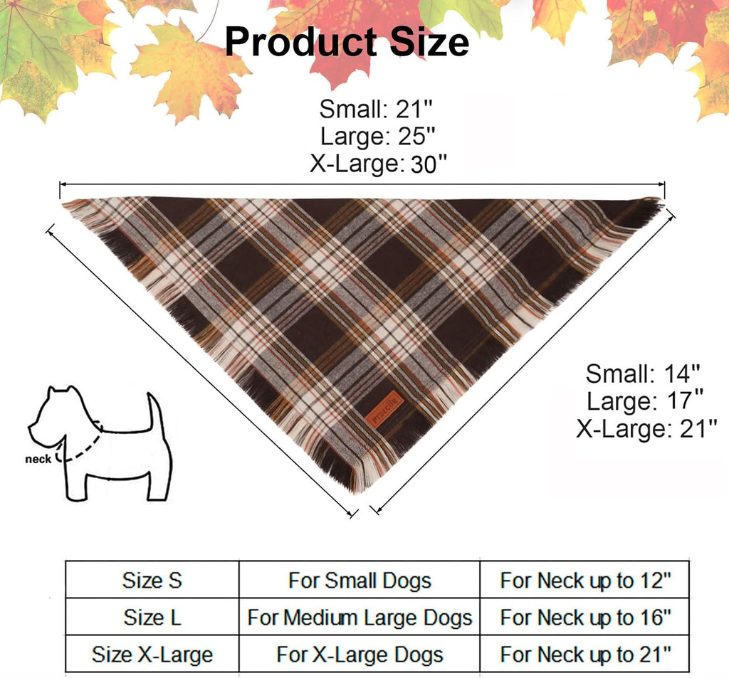 PTDECOR Plaid Fall Dog Bandana, Brown Red Thanksgiving Pet Scarf, X-Large