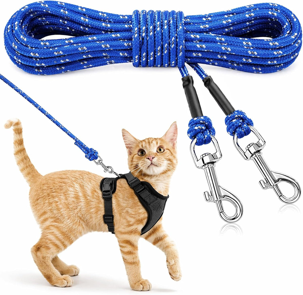 Reflective Cat Long Leash 15 FT, Outdoor Backyard Cat Tie Out Lead, Pink