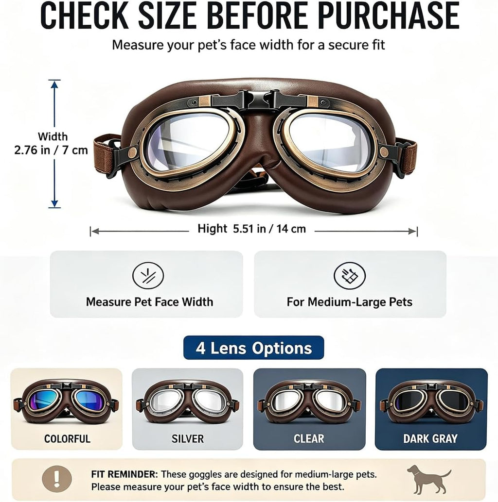 Vintage Dog Goggles with Adjustable Strap, Retro Pet Aviator Sunglasses