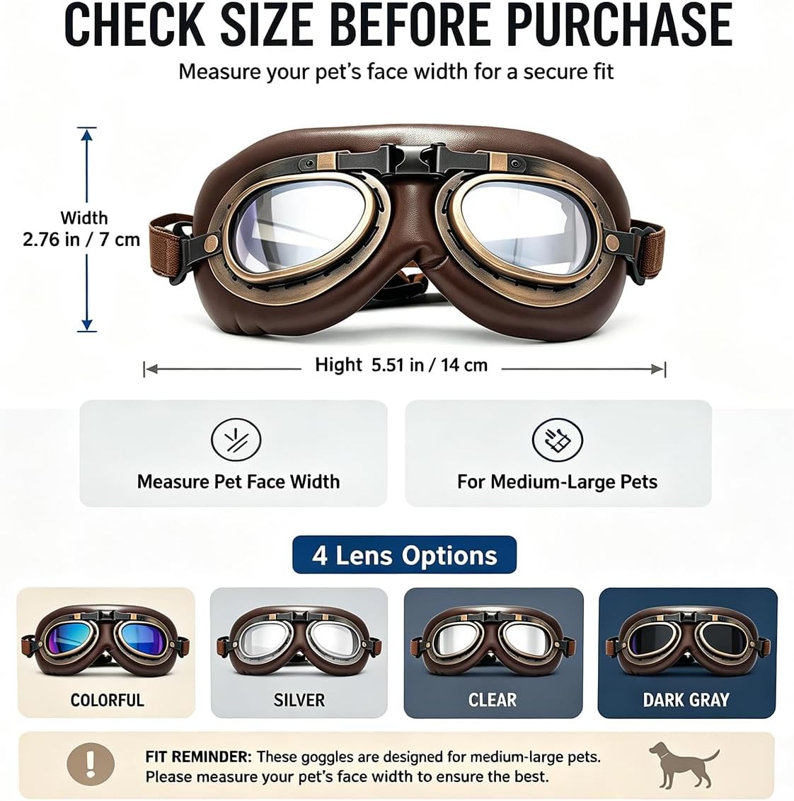 Vintage Dog Goggles with Adjustable Strap, Retro Pet Aviator Sunglasses