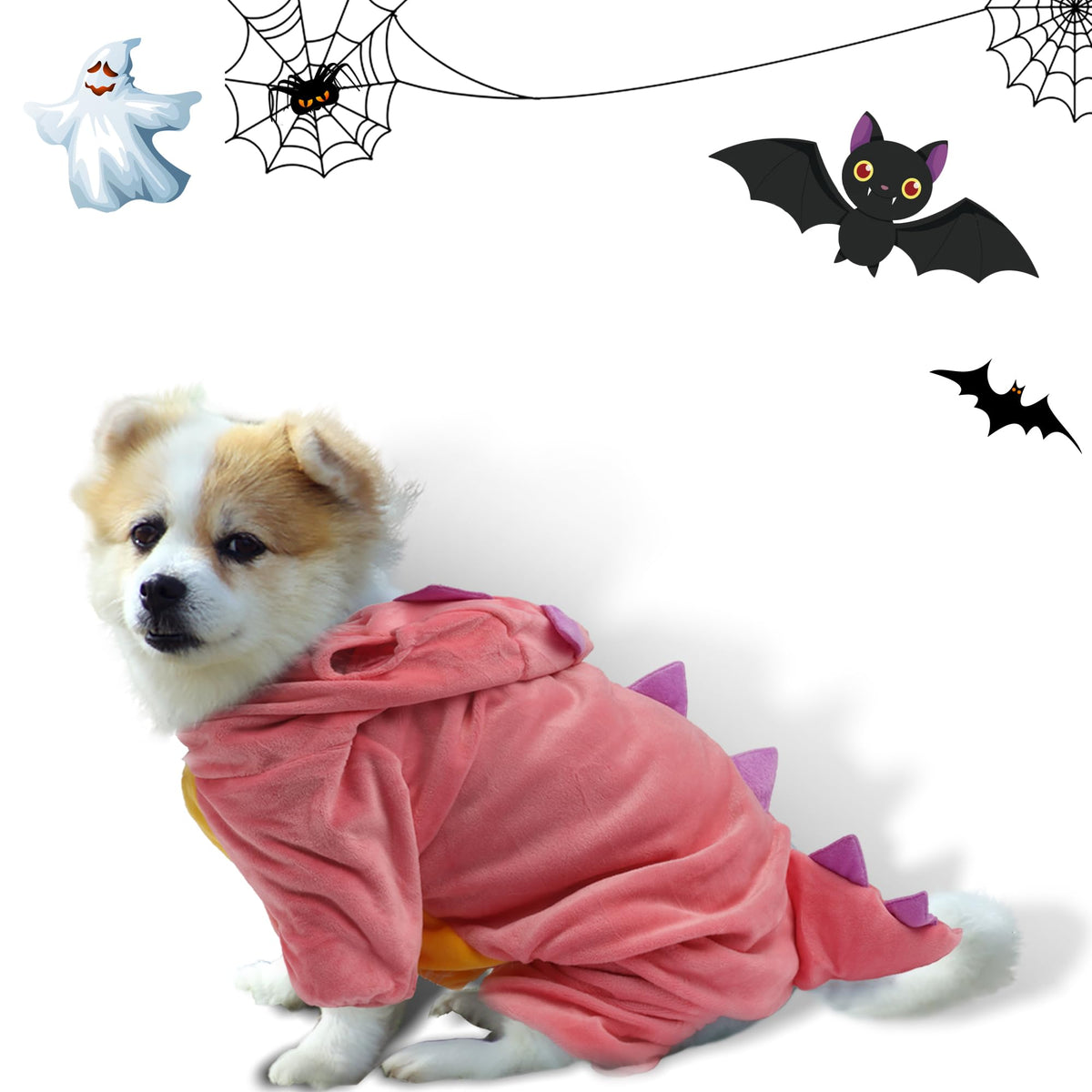 DELIFUR Dinosaur Dog Halloween Costume Pet Dino Hoodie for Small Dogs Cats (M, Pink)