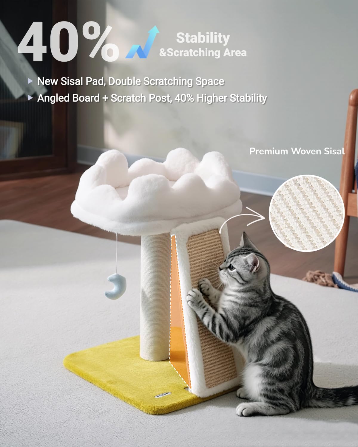Cat Tree, Cloud Cat Tower with Soft Bed, Cat Scratching Post & Pad with Larger Perch for Window Viewing, Small Cat Tree 