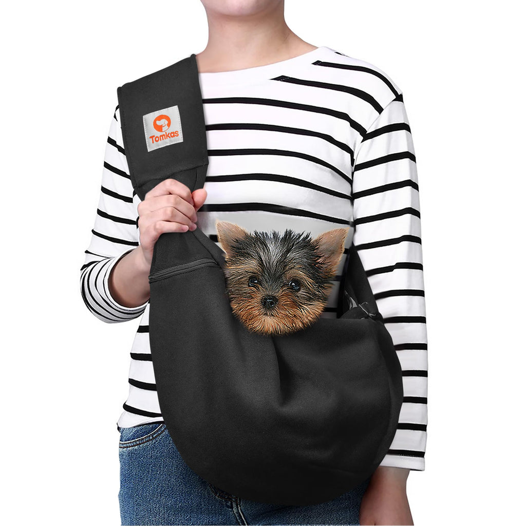 Tomkas Small Dog Cat Sling Carrier Puppy Purse Travel Wrap Soft Crossbody Pet Bag (Black1, M - Classic Pocket & Classic Strap)