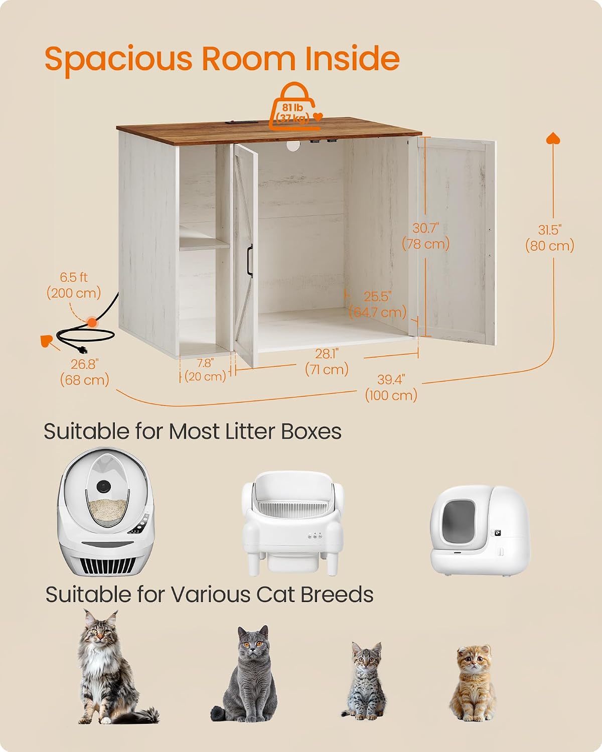 Feandrea Cat Litter Box Enclosure, Hidden Cat Washroom with Power Outlet