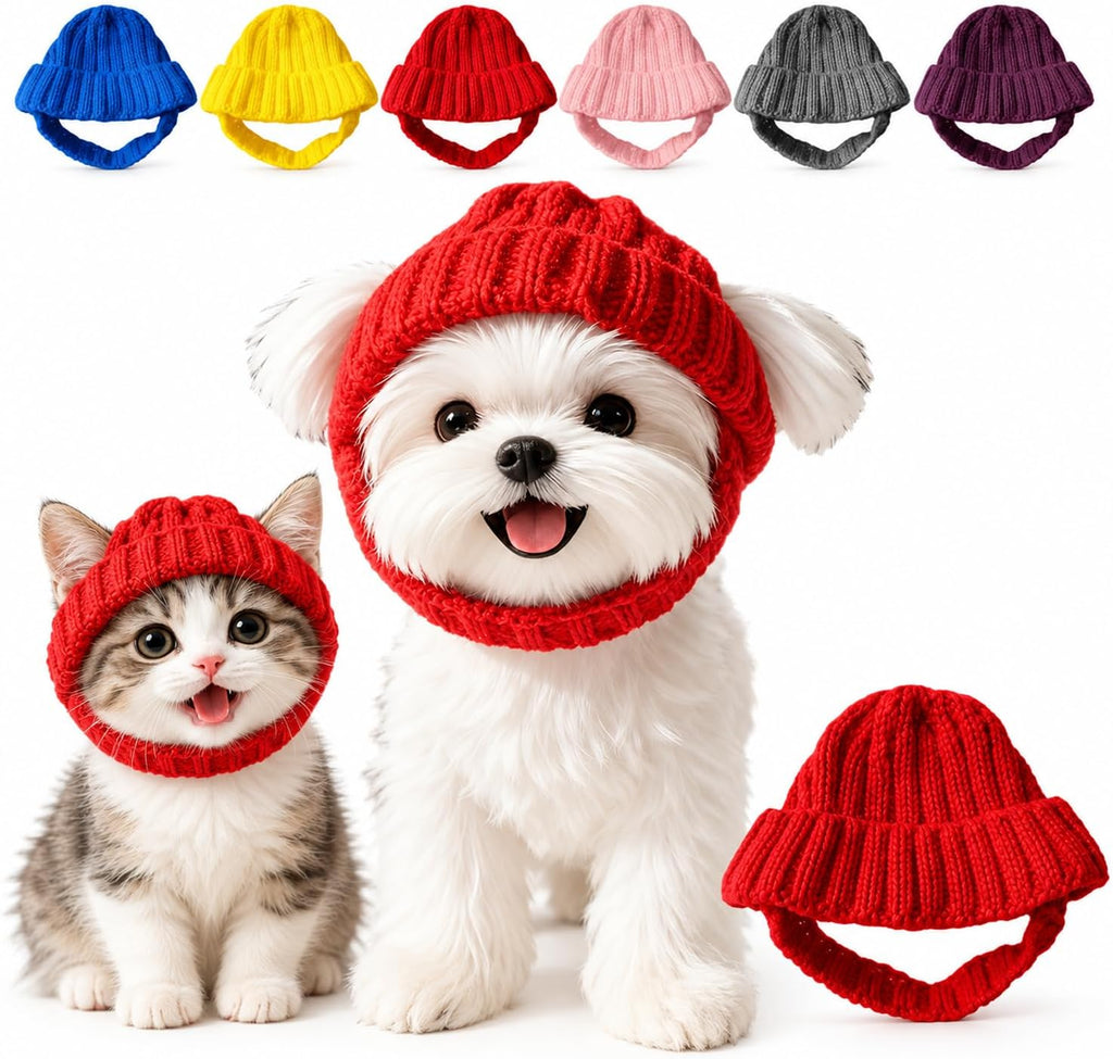 Dog Beanie Hat with Ear Holes, Purple Knitted Winter Cap for Small Pets