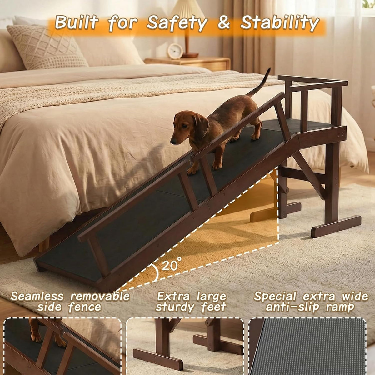61" Dog Ramp for Bed&Couch, Non-Slip Platform with Removable Rails Walnut