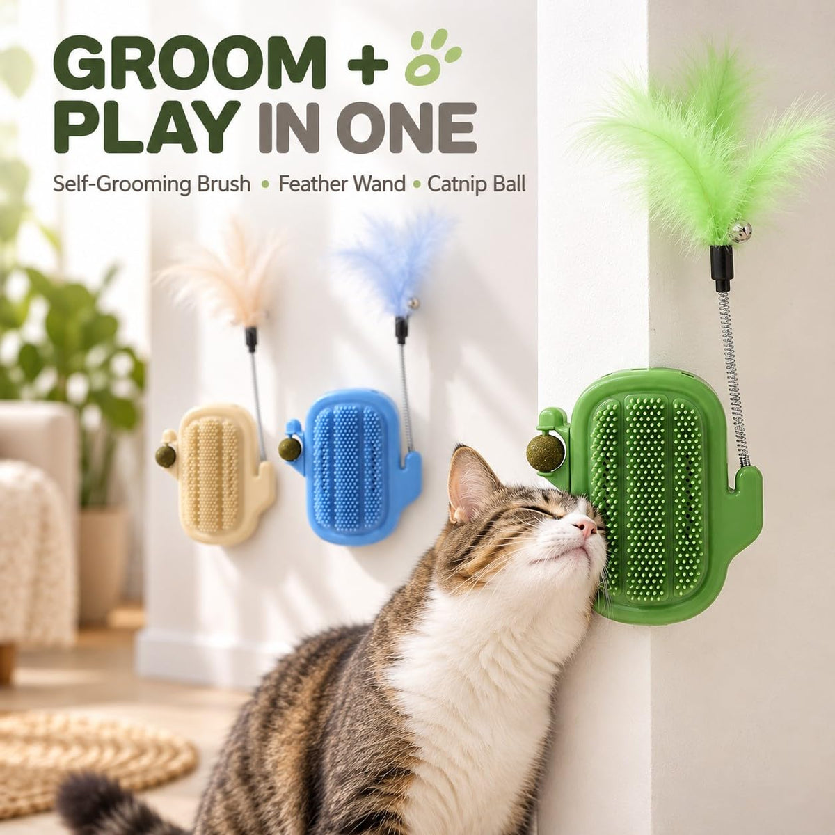 Cat 3/2-in-1 Cat Arch Self Groomer with Feather Wand，Blue