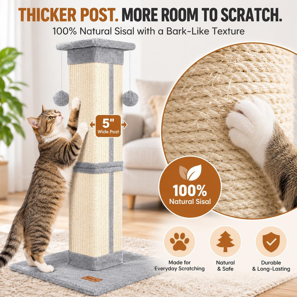 Cat Scratching Post 33 Inch for Indoor Cats, Grey