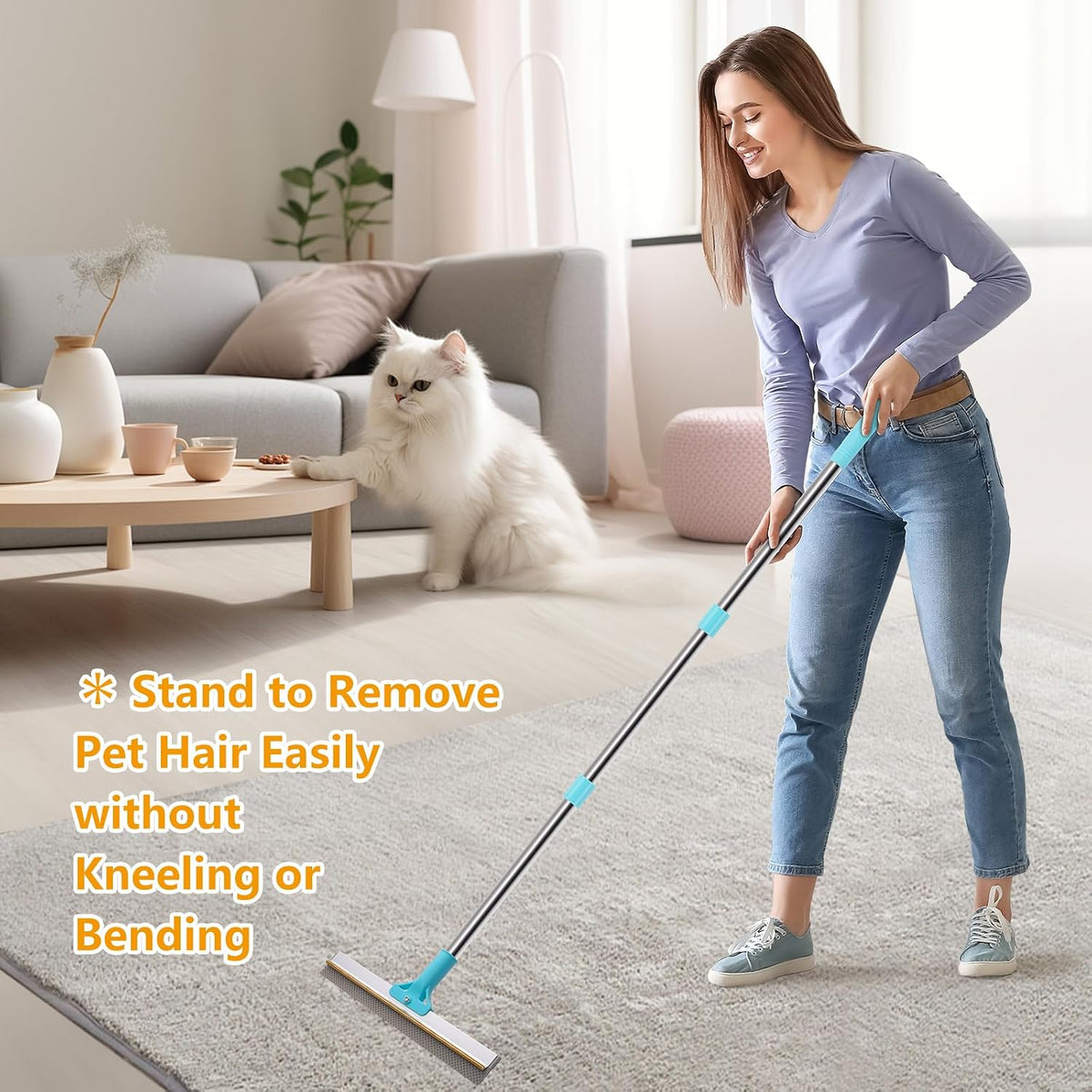 2-in-1 Carpet Rake for Pet Hair, 54" Adjustable Handle