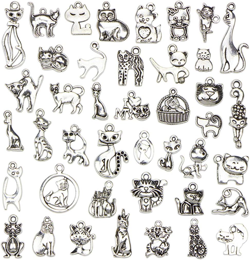Assorted Cats Pet Charm Pendant for DIY Jewelry Making Accessaries(42pcs,Antique Silver)