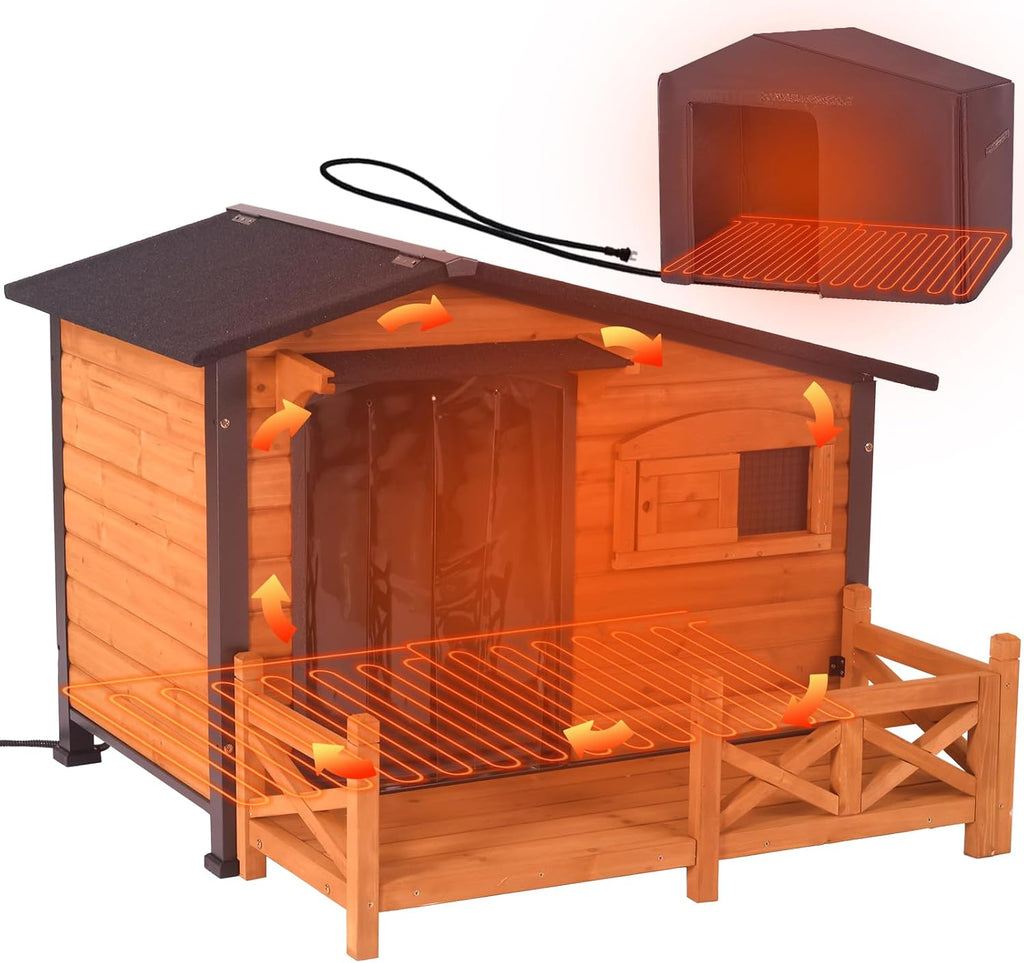 Heated Outdoor Insulated Dog House with Heating Pad and 6-Sided Insulation for Small Dogs and Feral Cats, Keeps Pets Coz