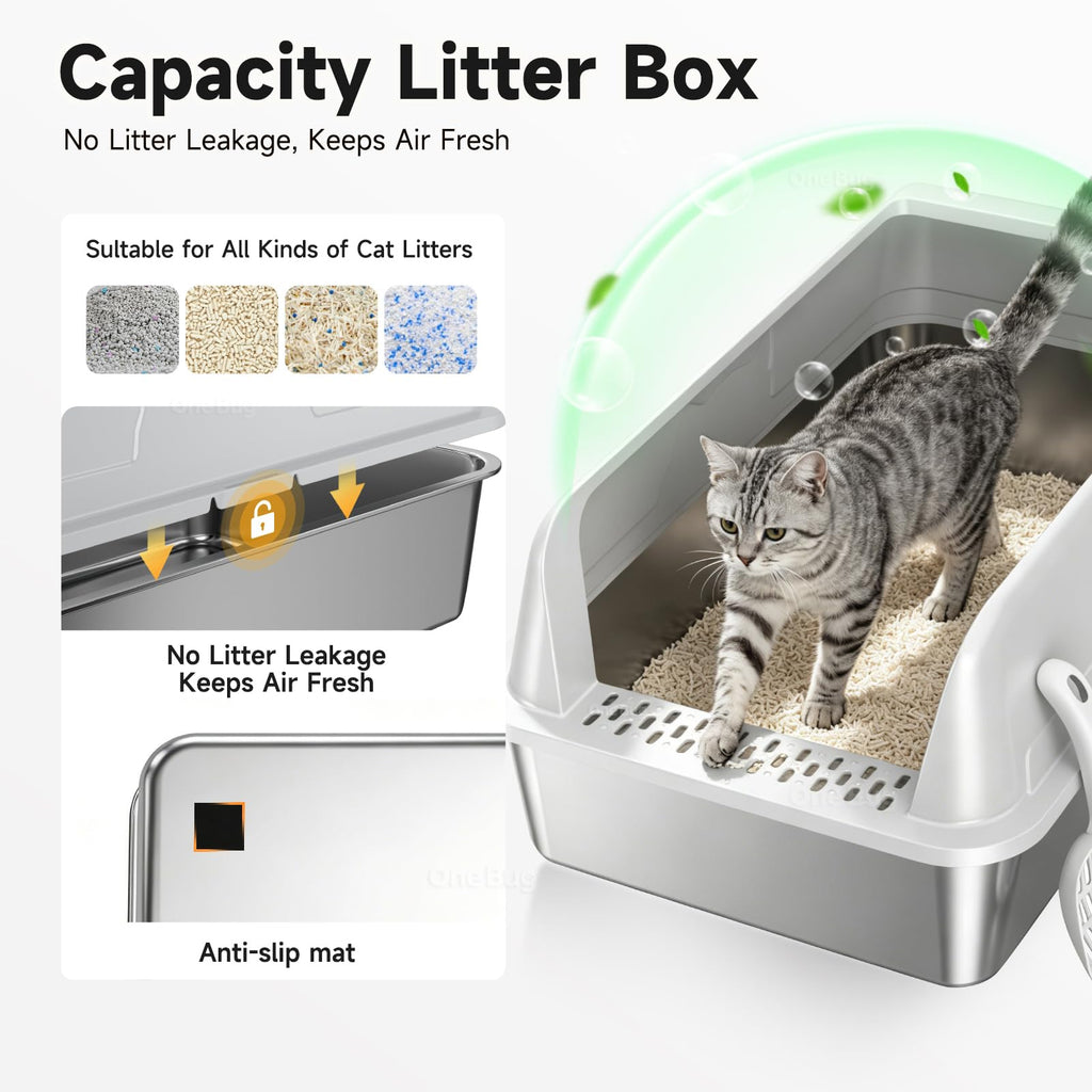 OneBug High-Sided Stainless Steel XL Cat Litter Box for Cats