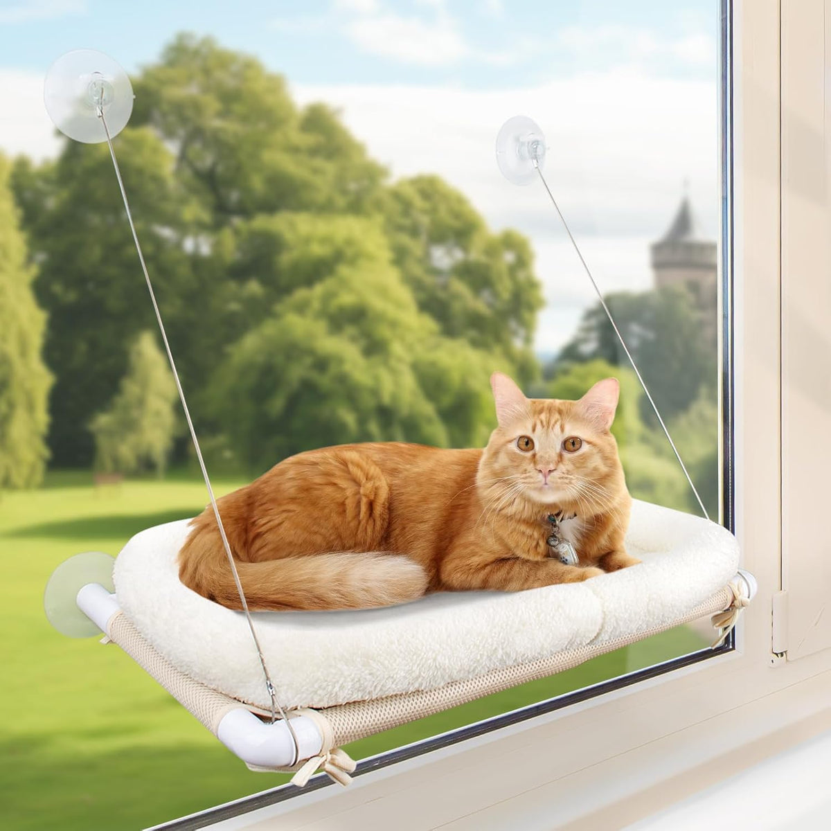 Cat Window Hammock – Mess-Free Waterproof Cats Window Perch for Large Cats, Strong Suction Cup Hammock with Flannel Cove