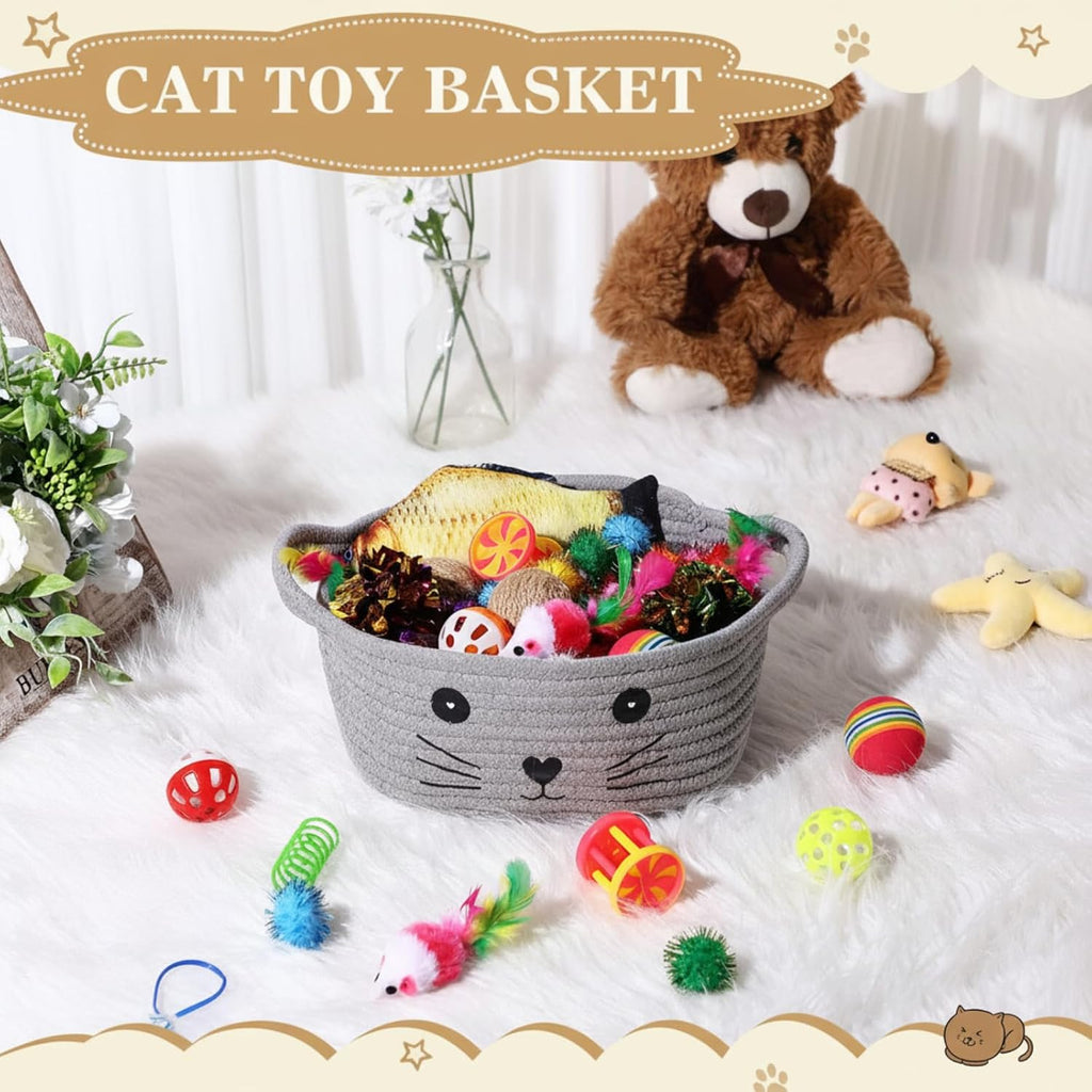 Zopeal 58 Pcs Cat Toy Set with Storage Basket Indoor, Grey, 9.8 Inch