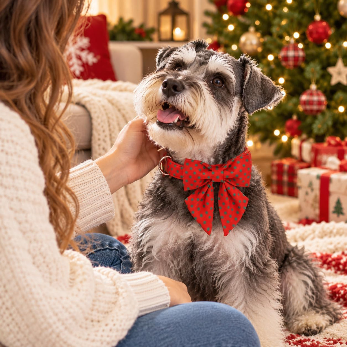 Christmas Dog Collar Bow Medium Girl Boy Dog-Red Polka M