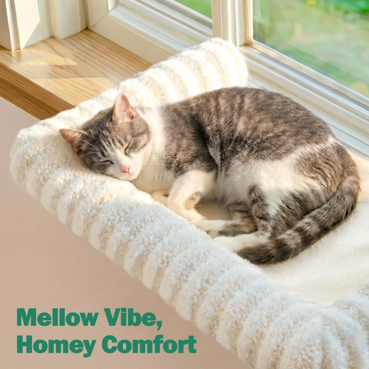 Zakkart Mellow 3-Sided Cat Perch for Windowsill, Dual-Mount (Beige, L)