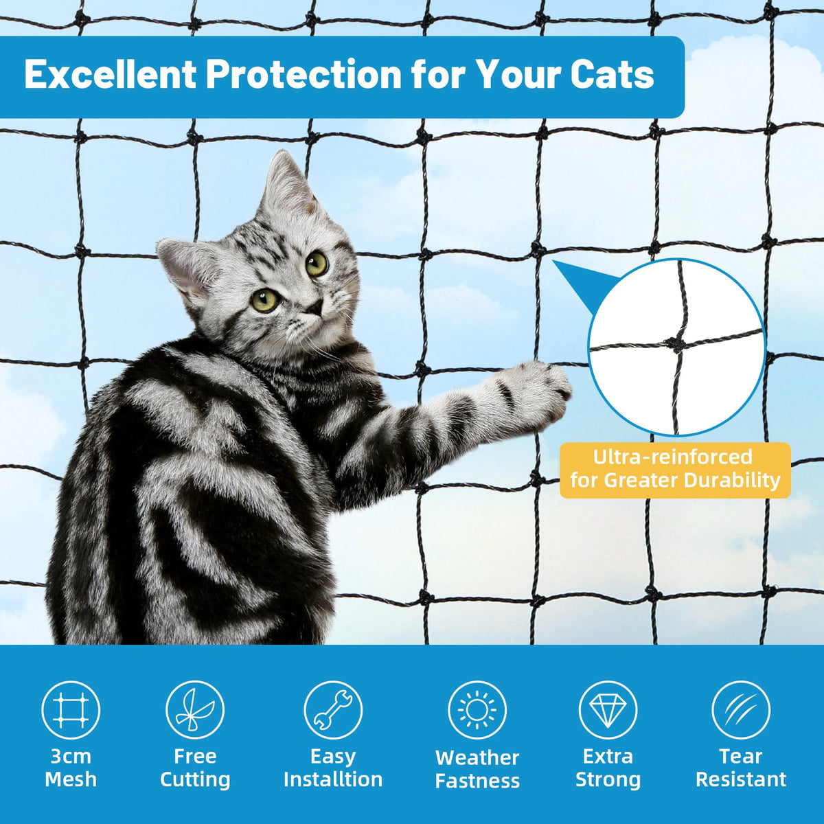 Lewondr 10x13ft Cat Netting Balcony Steel Wire Reinforced Pets Screen