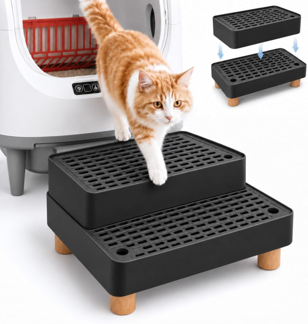 CALMEN Litter Box Step, Double-Layer Litter Catcher, for Kittens & Seniors