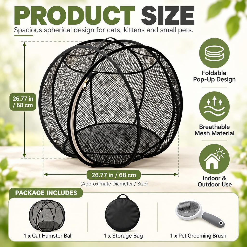 Cat Hamster Ball for Outside, 360° Panoramic Pop-Up Rolling Cat Playpen, 26.77 Inch Foldable Hamster Ball for Cats, Port