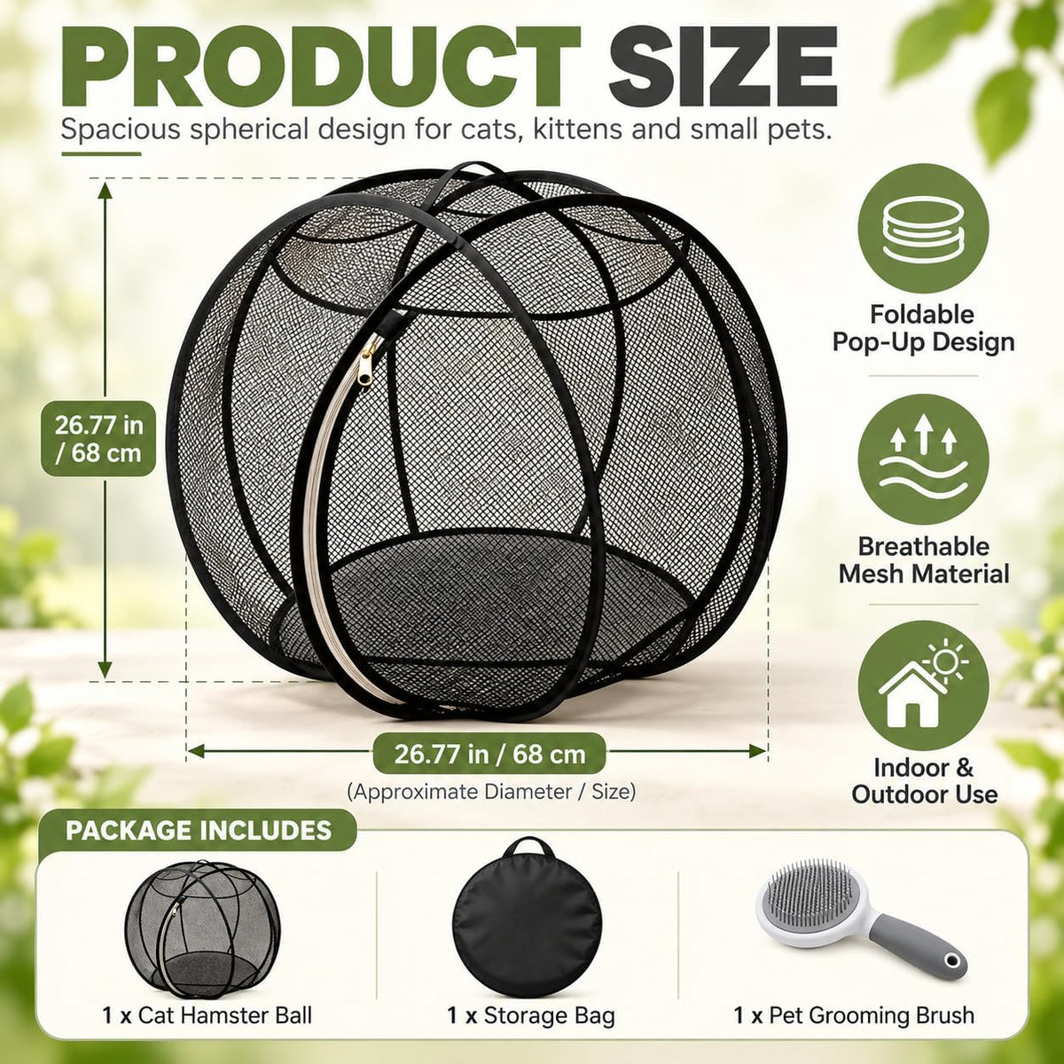 Cat Hamster Ball for Outside, 360° Panoramic Pop-Up Rolling Cat Playpen, 26.77 Inch Foldable Hamster Ball for Cats, Port