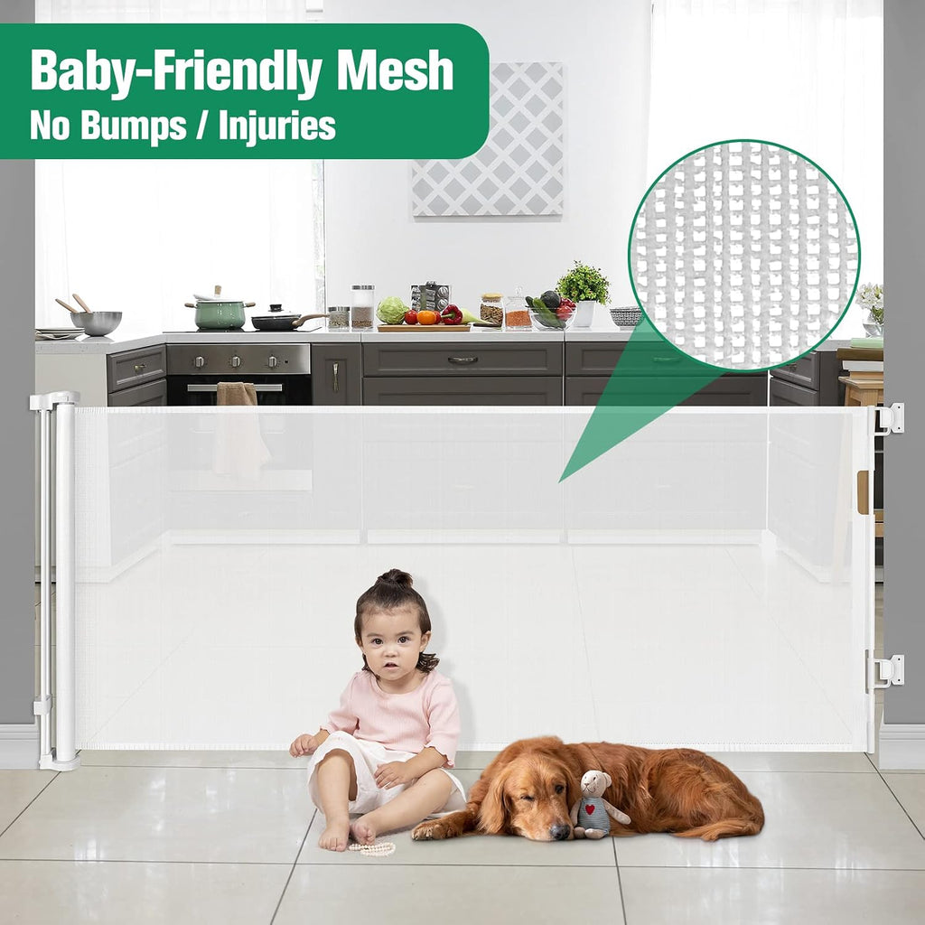 KISKIZ 110 Inch Extra Wide Retractable Baby Gate for Large Openings, White