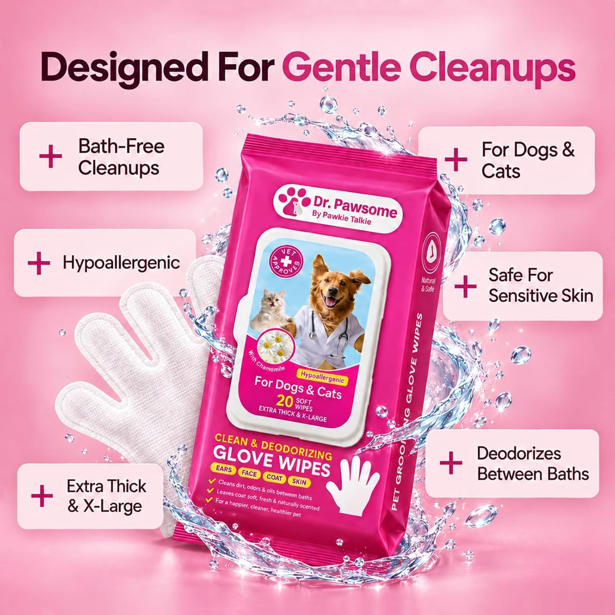 Pawkie Talkie Pet Wipes, For Dogs & Cats, Chamomile Scent, 20 Ct