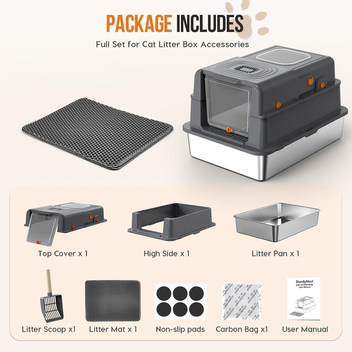XXXL Stainless Steel Cat Litter Box, Enclosed Cat Litter Box