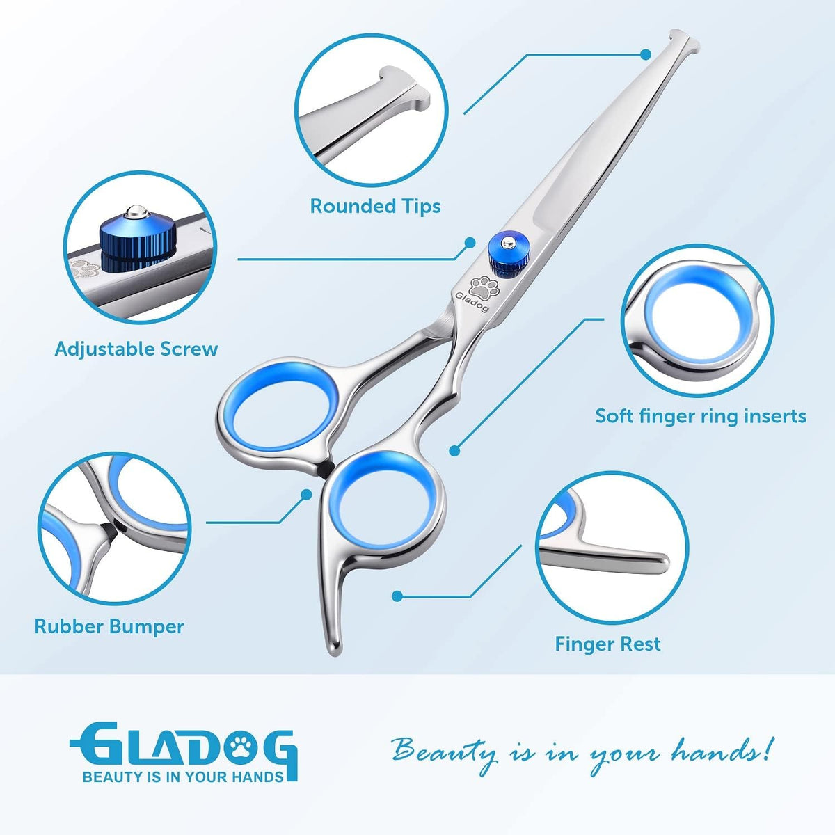 Professional 5 in 1 Dog Grooming Scissors Set with Safety Round Tips, Sharp and Heavy-duty Pet Grooming Shears for Cats