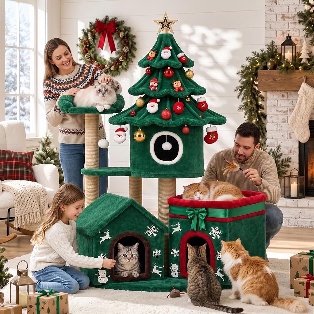 LUCKLIFE 63" Christmas Cat Tree Multi-Level Cat Condo Tower