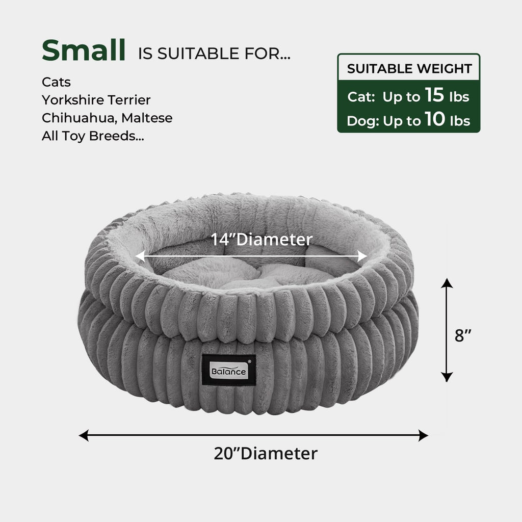 BALANCE Round Cat Beds for Indoor Cats, Small Dog Bed, Washable, 20in, Gray