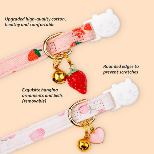 2 Pack Cotton Cat Collar Pink Strawberrie White Heart Cute Kitten Collar