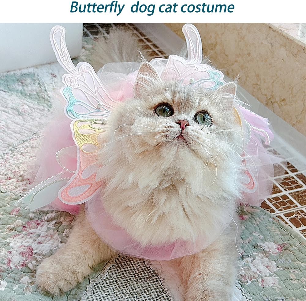 Butterfly Dog Costume - Pink Dress with Leash Ring for Small Dogs & Kittens - Lolita Puppy Clothes for Girl Dogs & Cats 