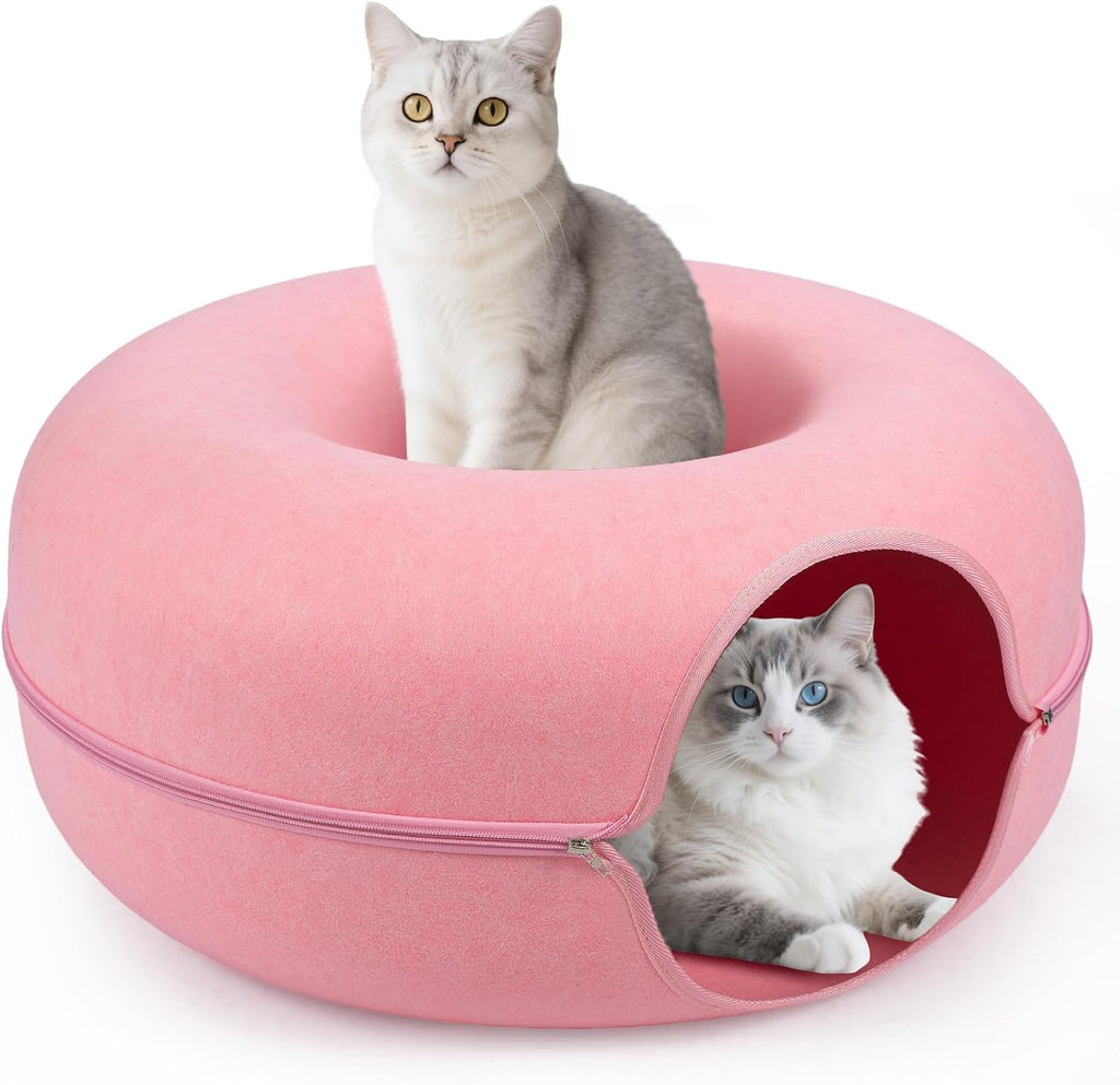 Large Peekaboo Cat Cave Donut Tunnel 24" for Indoor Cats, Pink