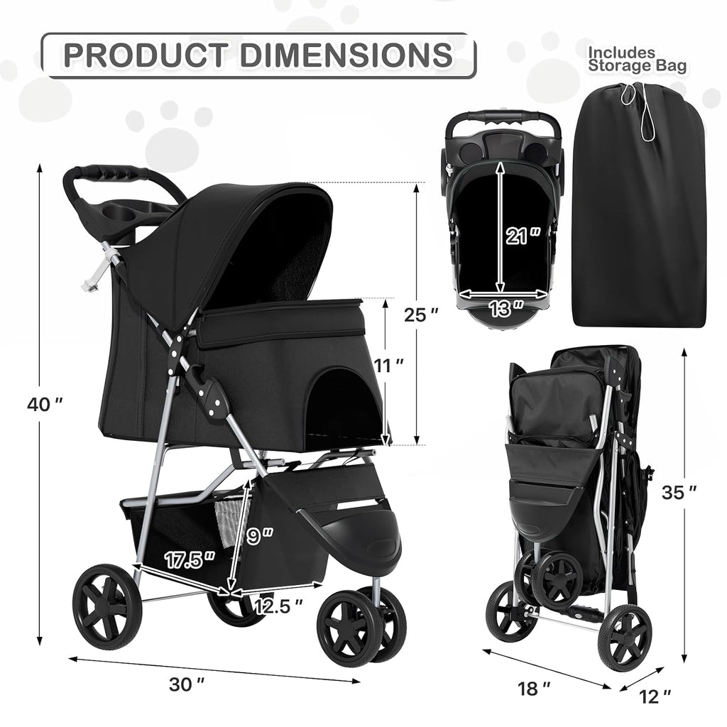 MoNiBloom Pet Stroller for Small/Medium Dogs and Cats up to 33 lbs, Black