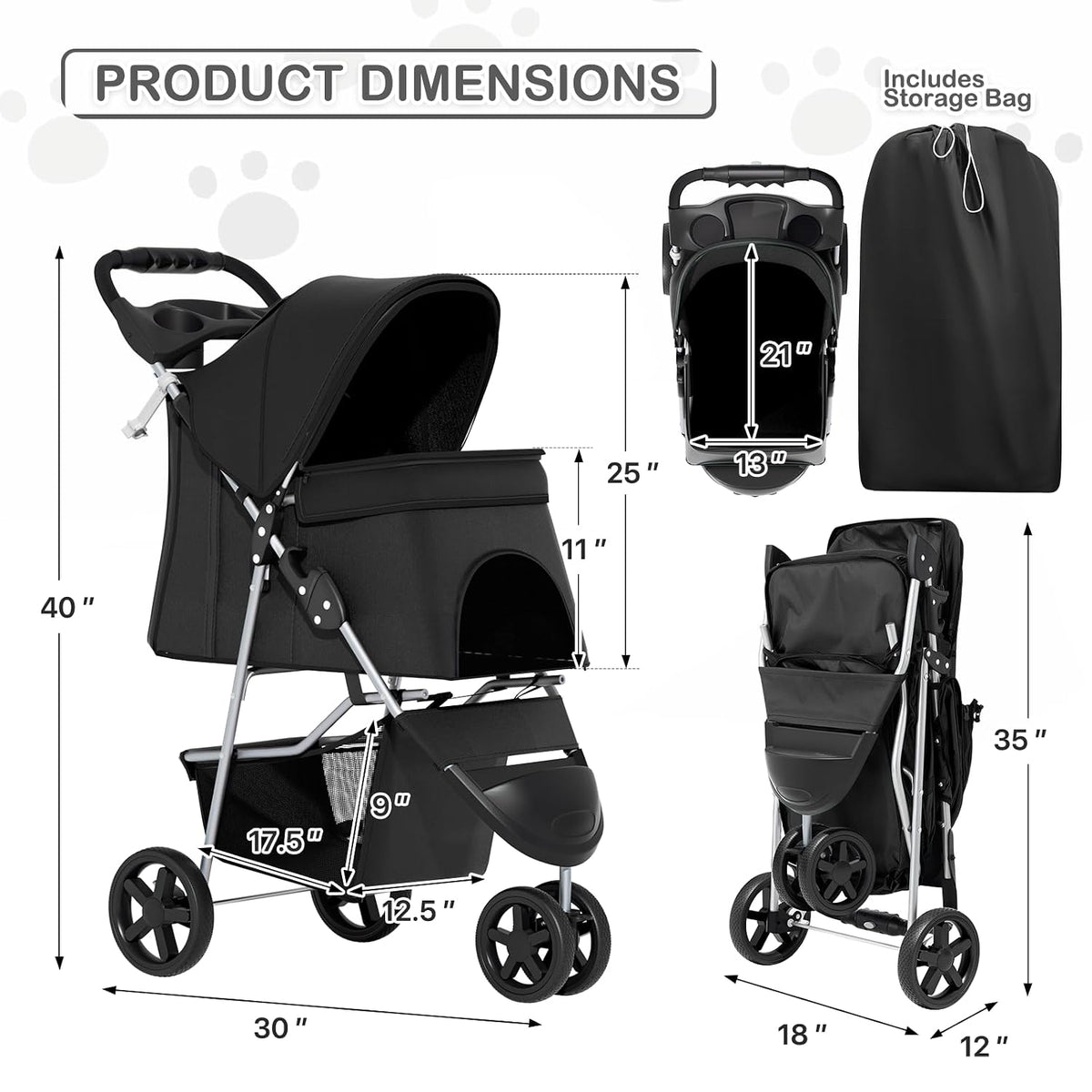 MoNiBloom Pet Stroller for Small/Medium Dogs and Cats up to 33 lbs, Black