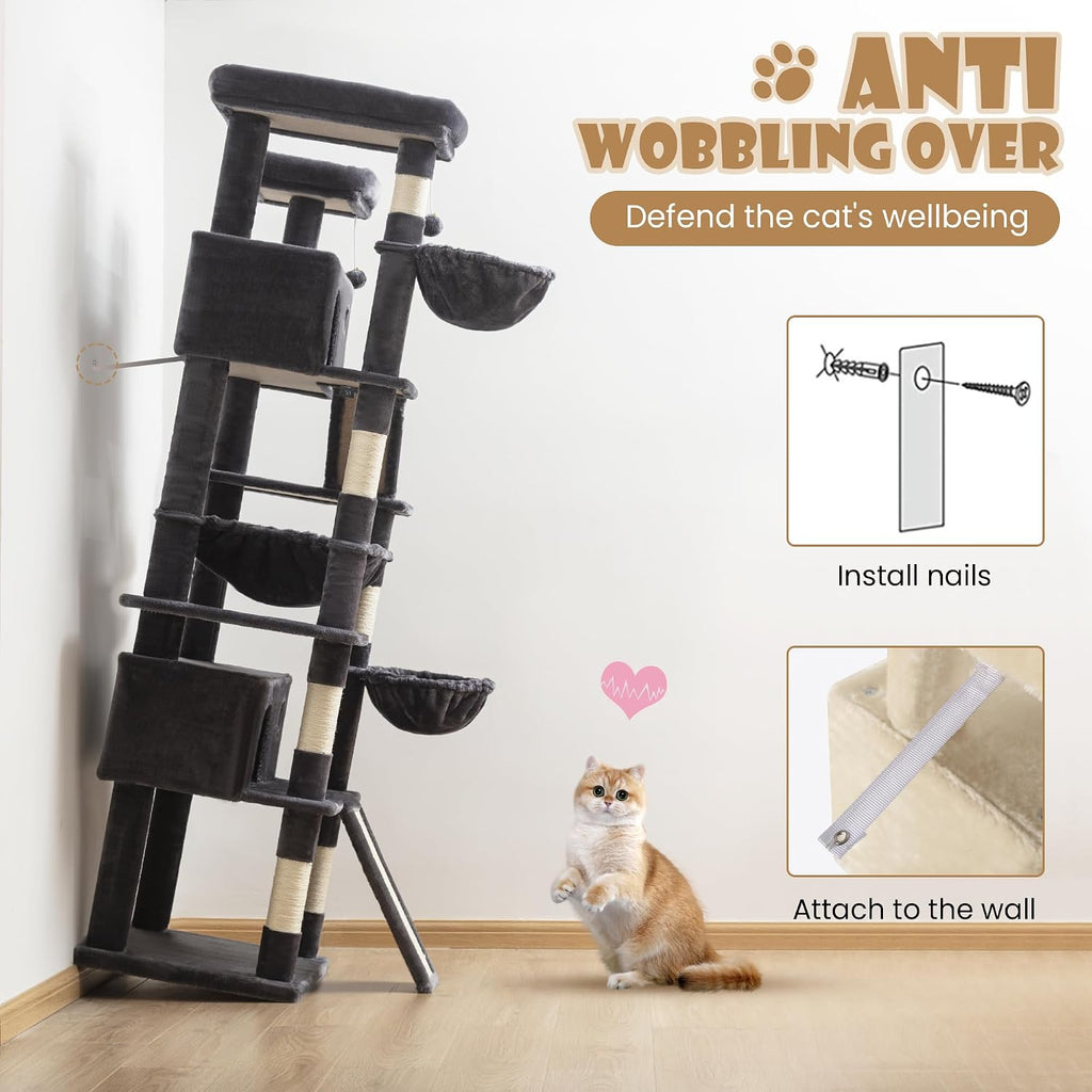 SHA CERLIN 81in Multi-Level Tall Cat Tree Tower for Indoor Kitties/Larger Cat Condo Furniture with Hammock/Cozy Pussycat