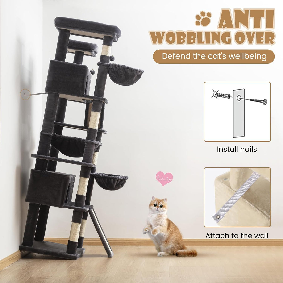 SHA CERLIN 81in Multi-Level Tall Cat Tree Tower for Indoor Kitties/Larger Cat Condo Furniture with Hammock/Cozy Pussycat